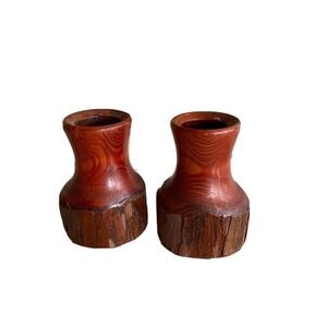 Vintage Short California Redwood Candlestick Holder Set Midcentury with Labels